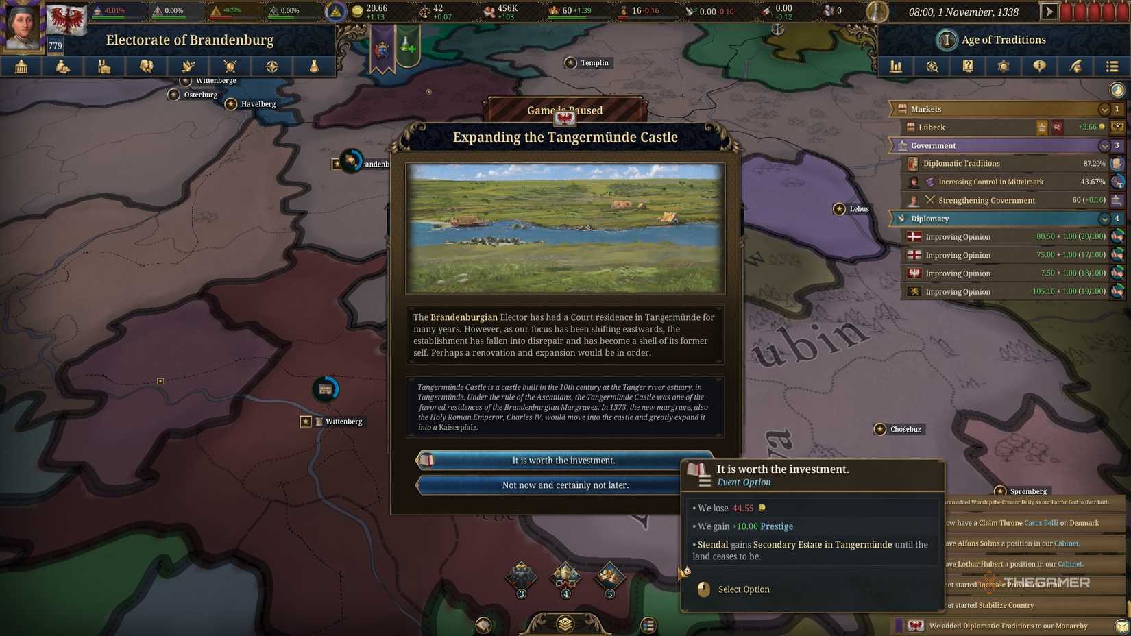 Gaining Prestige for investing in an expansion in Europa Universalis 5.