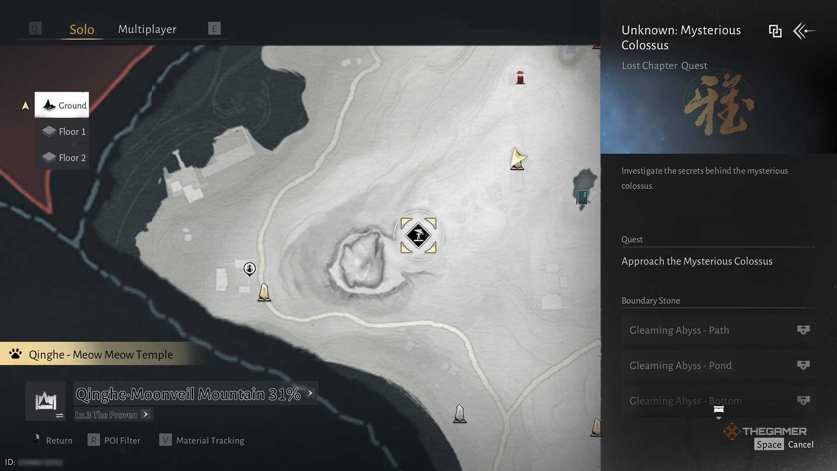 The start of the Gleaming Abyss quest on the map in Where Winds Meet.