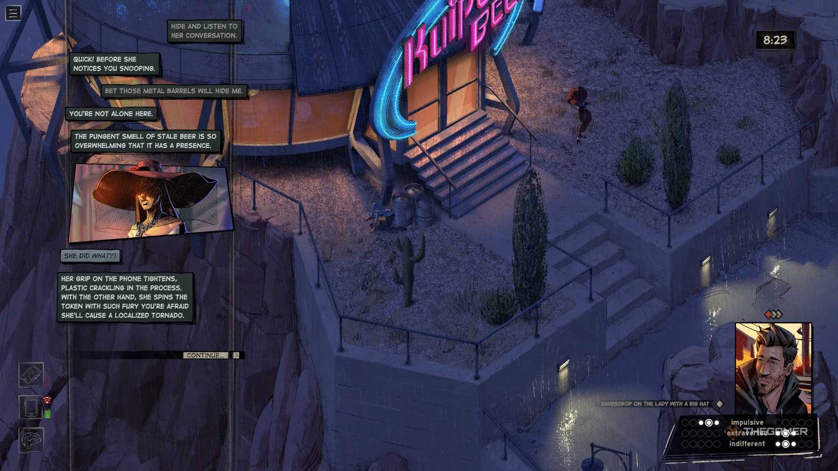 Harrow behind the barrels eavesdropping on Anitta in Rue Valley.