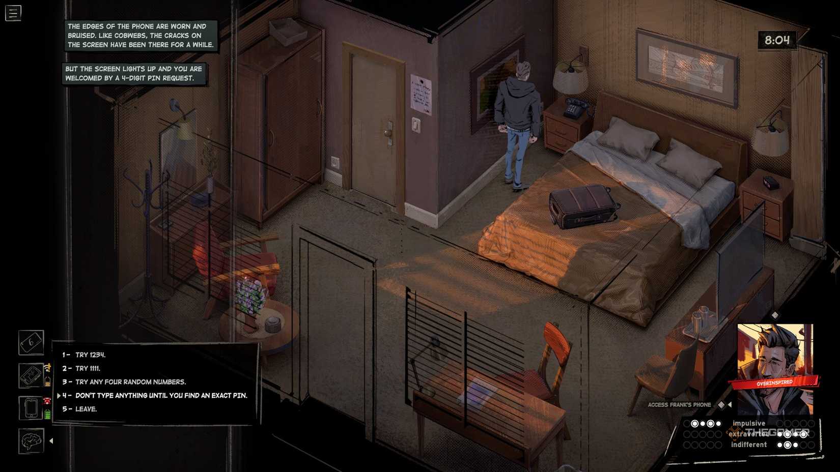 Harrow looking at Frank's phone in Rue Valley.