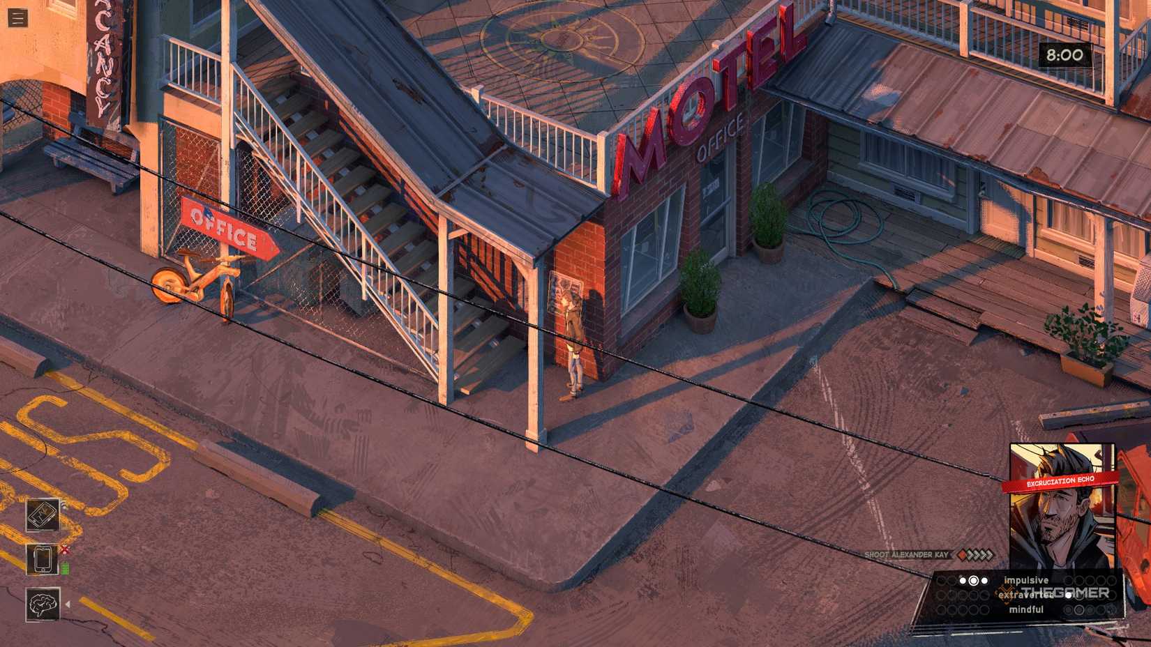 Harrow near the poster outside the motel in Rue Valley.