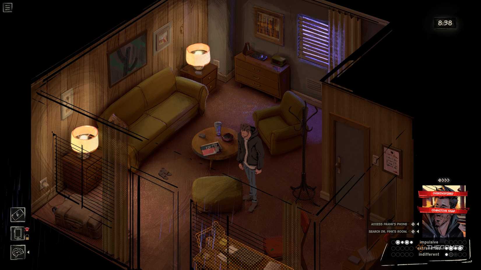 Harrow searching Dr Finck's room in Rue Valley.