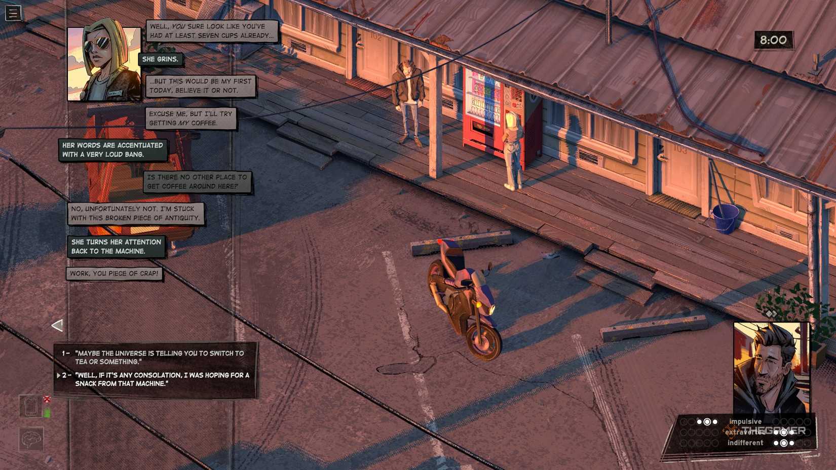 Harrow speaking with Robin about the vending machine in Rue Valley.