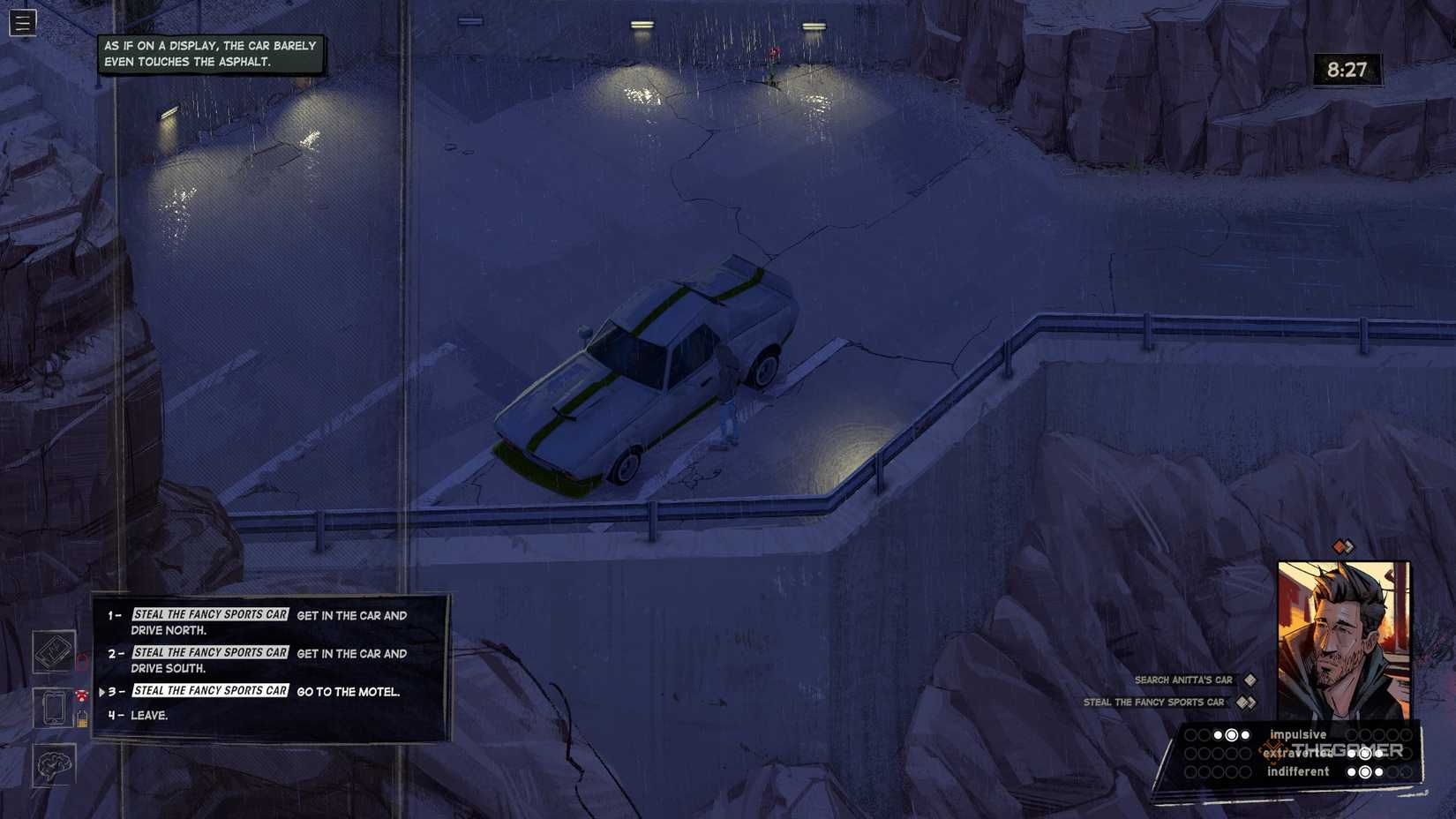 Harrow stealing the sports car in Rue Valley.