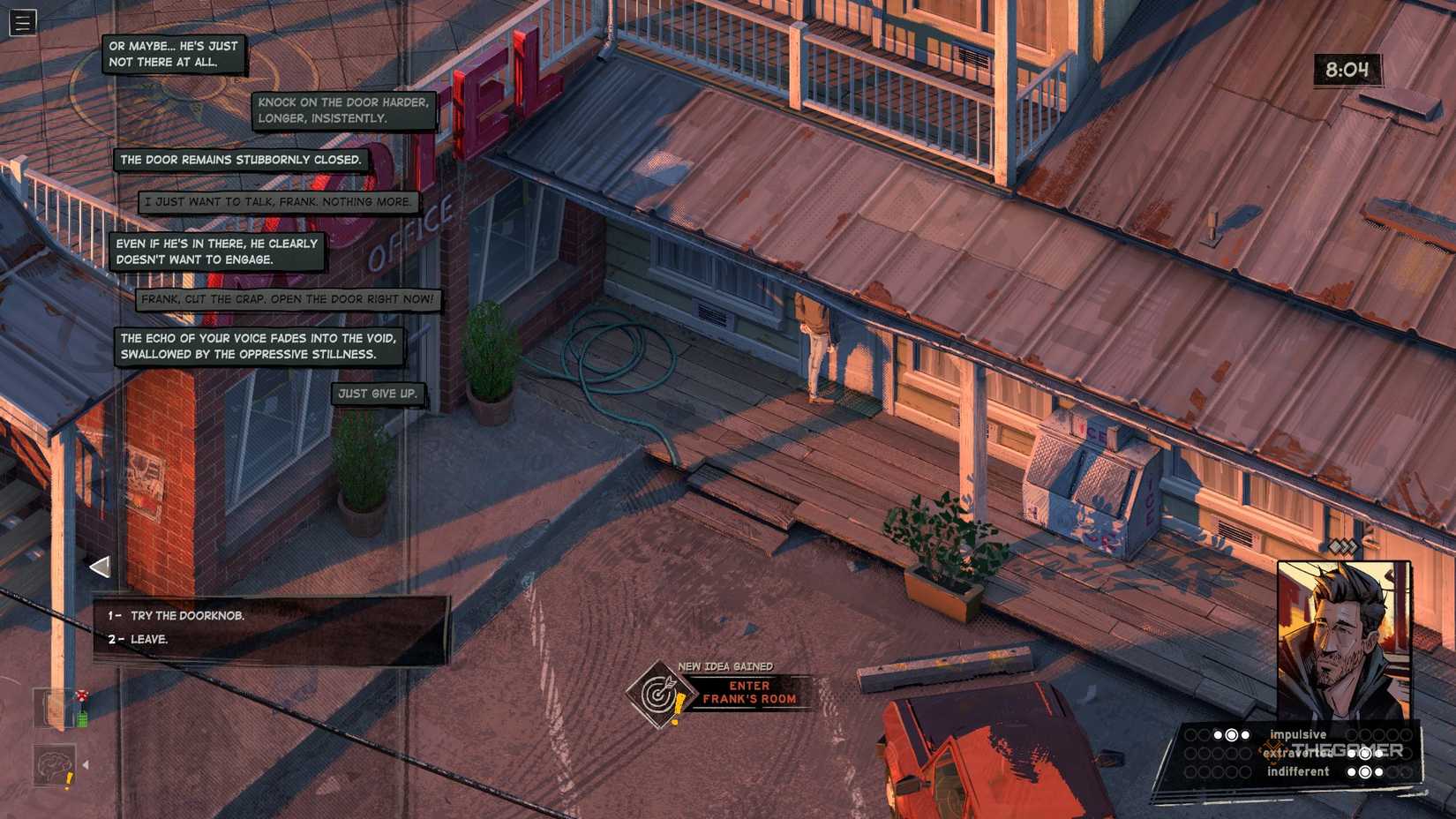 Harrow trying to get into Frank's room in Rue Valley.