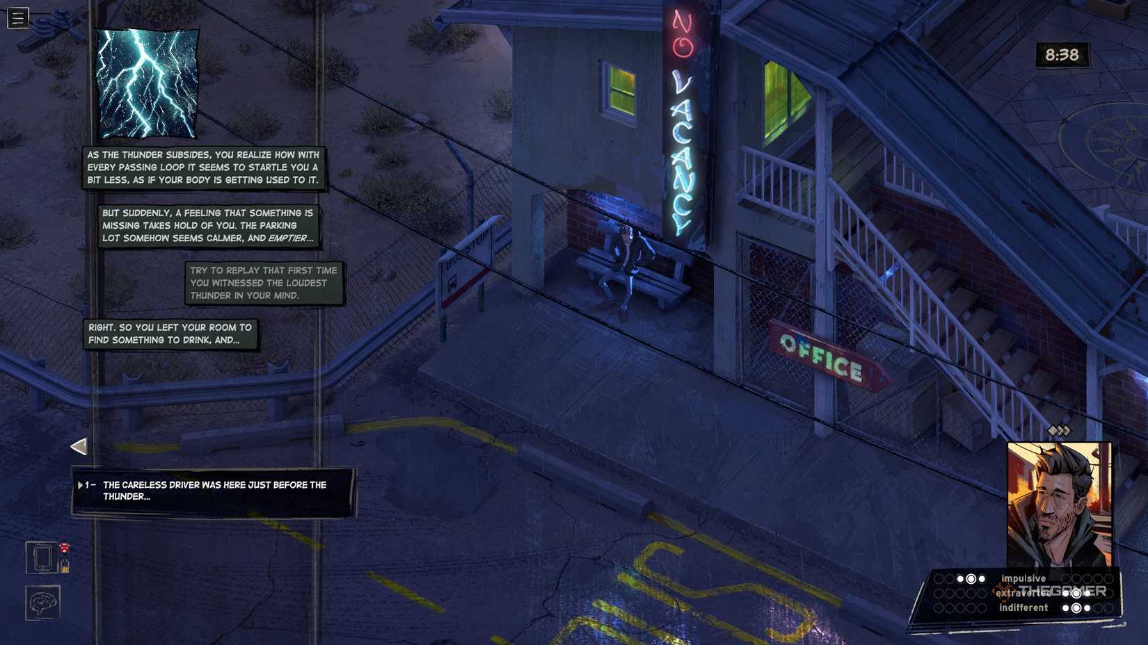 Harrow waiting on the bench at the motel in Rue Valley.