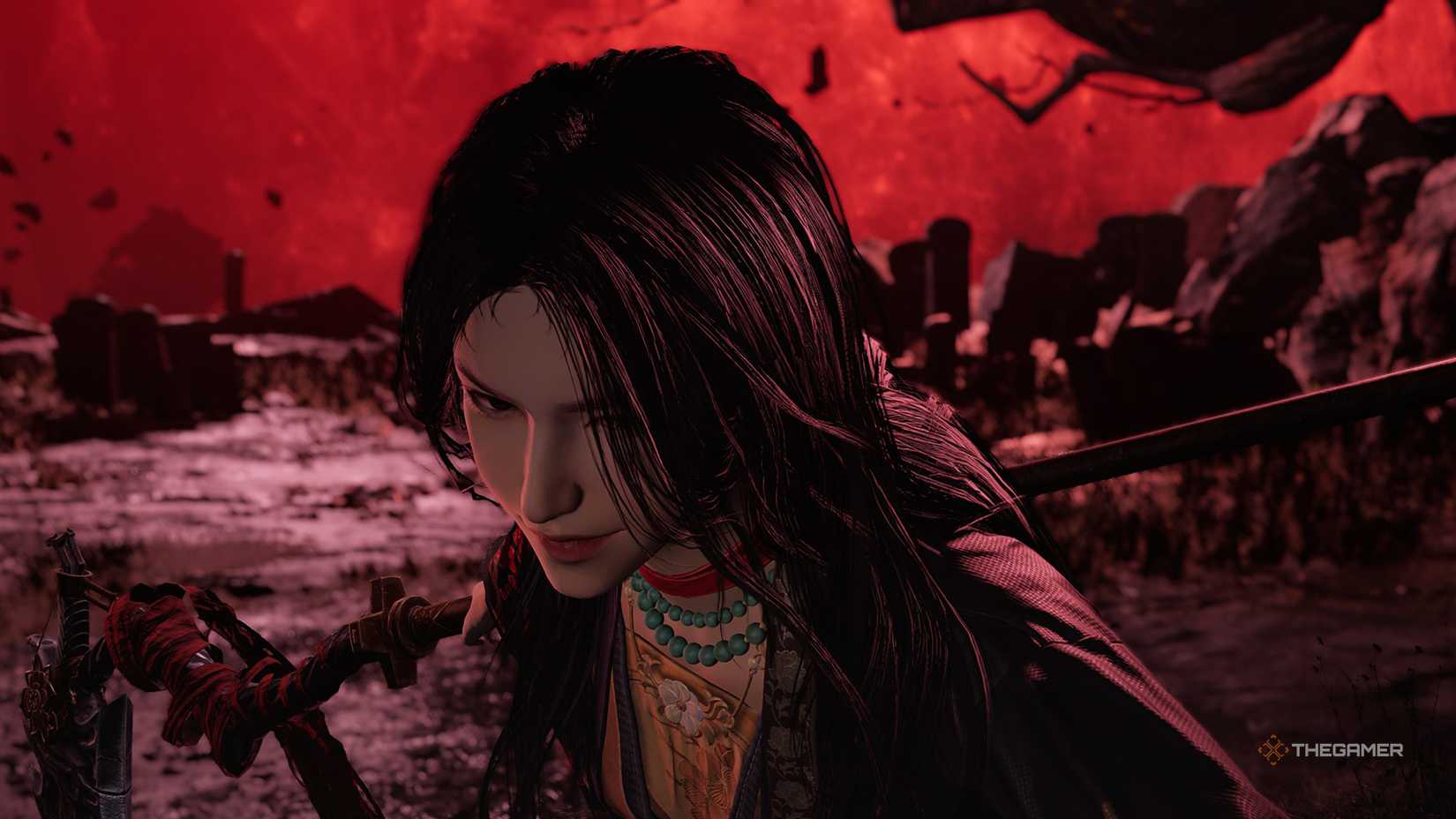 Heartseeker readying her scythe in Where Winds Meet.