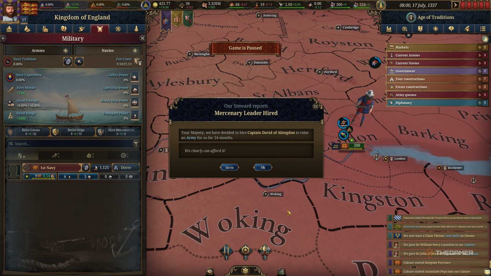 Hiring a Mercenary Leader for the army in England in Europa Universalis 5.