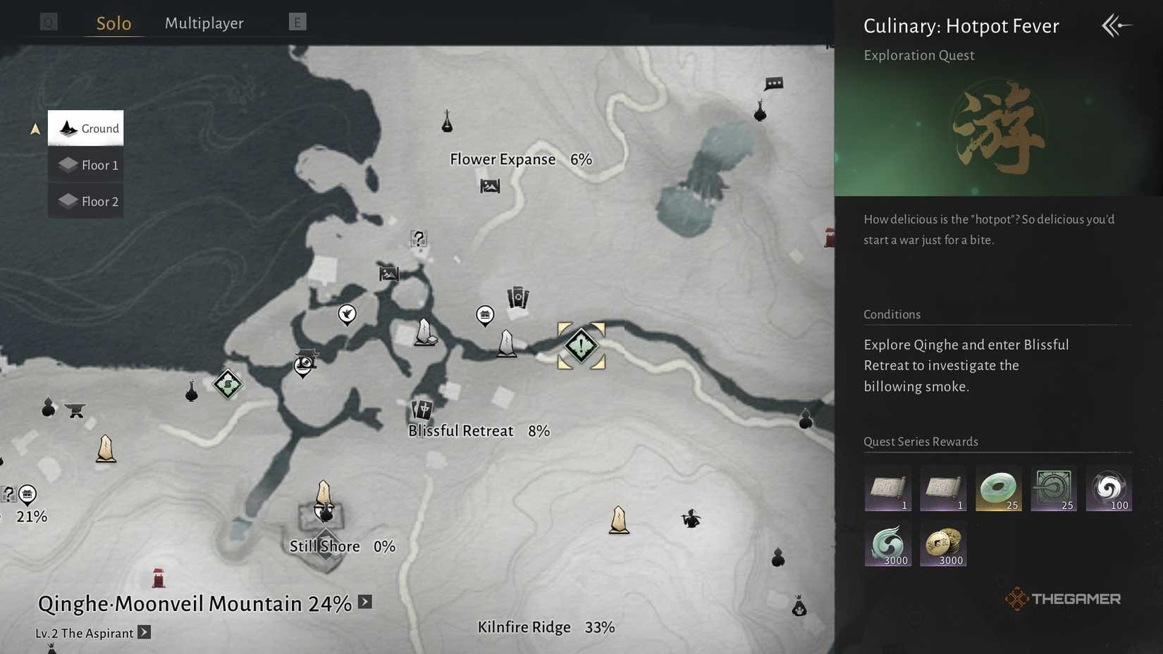 Hotpot Fever quest screen on the map in Where Winds Meet.
