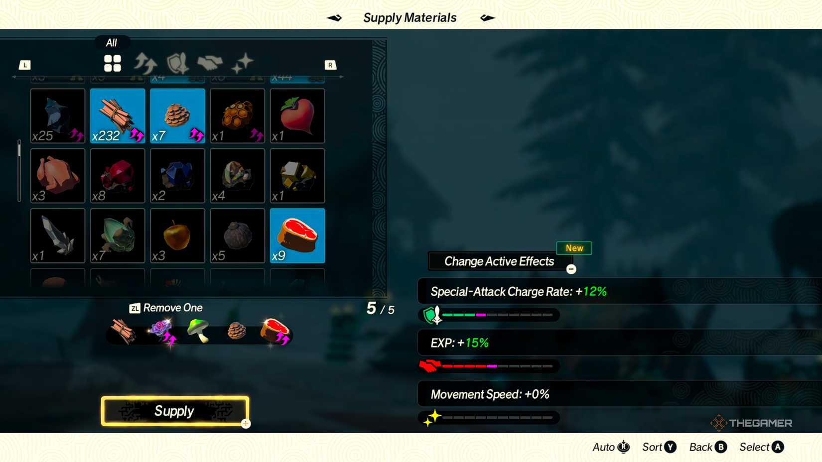 Using Wood and a Hylian Pine Cone to increase the effects on some Camp Supply Materials in Hyrule Warriors: Age of Imprisonment.