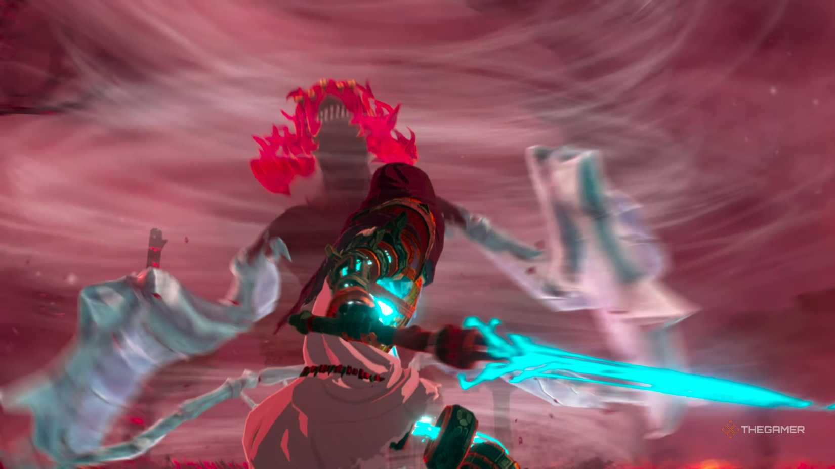 The Mysterious Construct squaring off against Grimgera with their sword drawn in Hyrule Warriors: Age of Imprisonment.