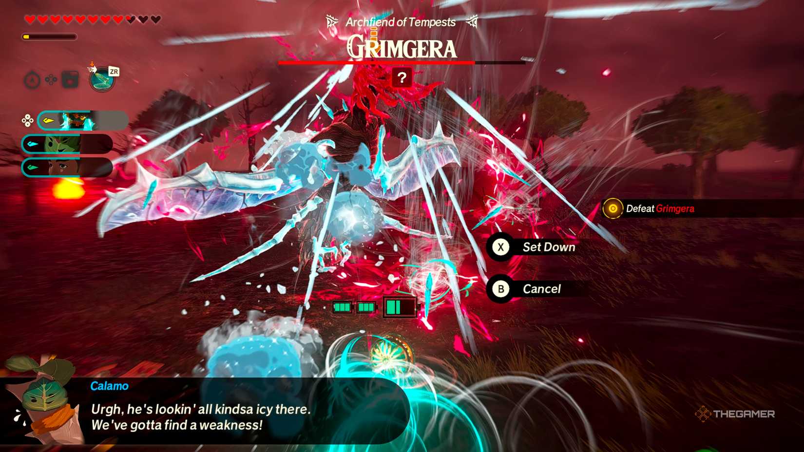 The Mysterious Construct reflecting Grimgera's projectiles back at them via a Fan Zonai Device for substantial damage in Hyrule Warriors: Age of Imprisonment.