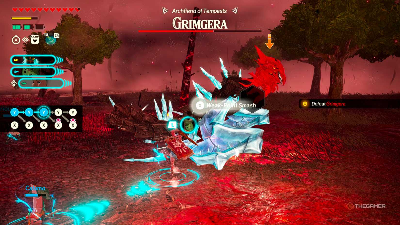 Typhan executing a Weak-Point Smash on Grimgera in Hyrule Warriors: Age of Imprisonment.
