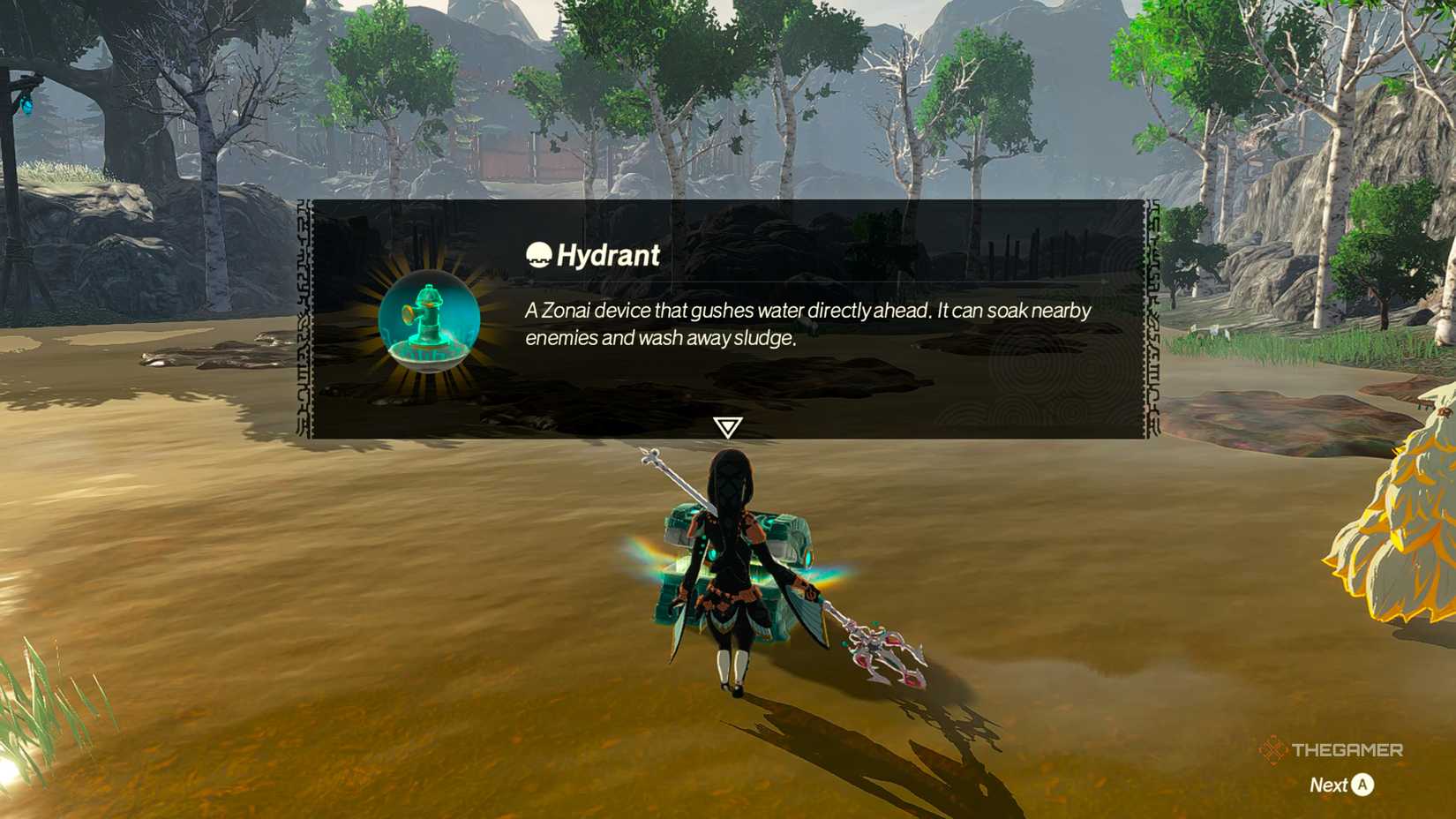 Qia obtaining the Hydrant Zonai Device from a Chest in Hyrule Warriors: Age of Imprisonment.