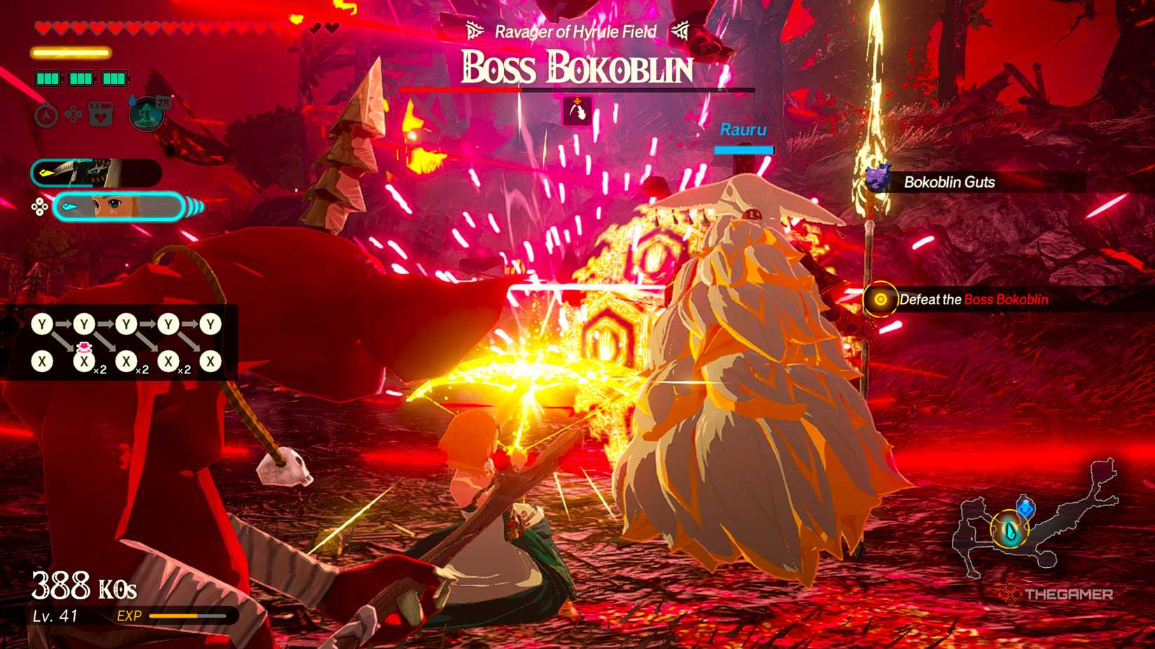 Zelda countering a Boss Bokoblin's leaping attack with her Bow of Light Unique Air Skill in Hyrule Warriors: Age of Imprisonment.