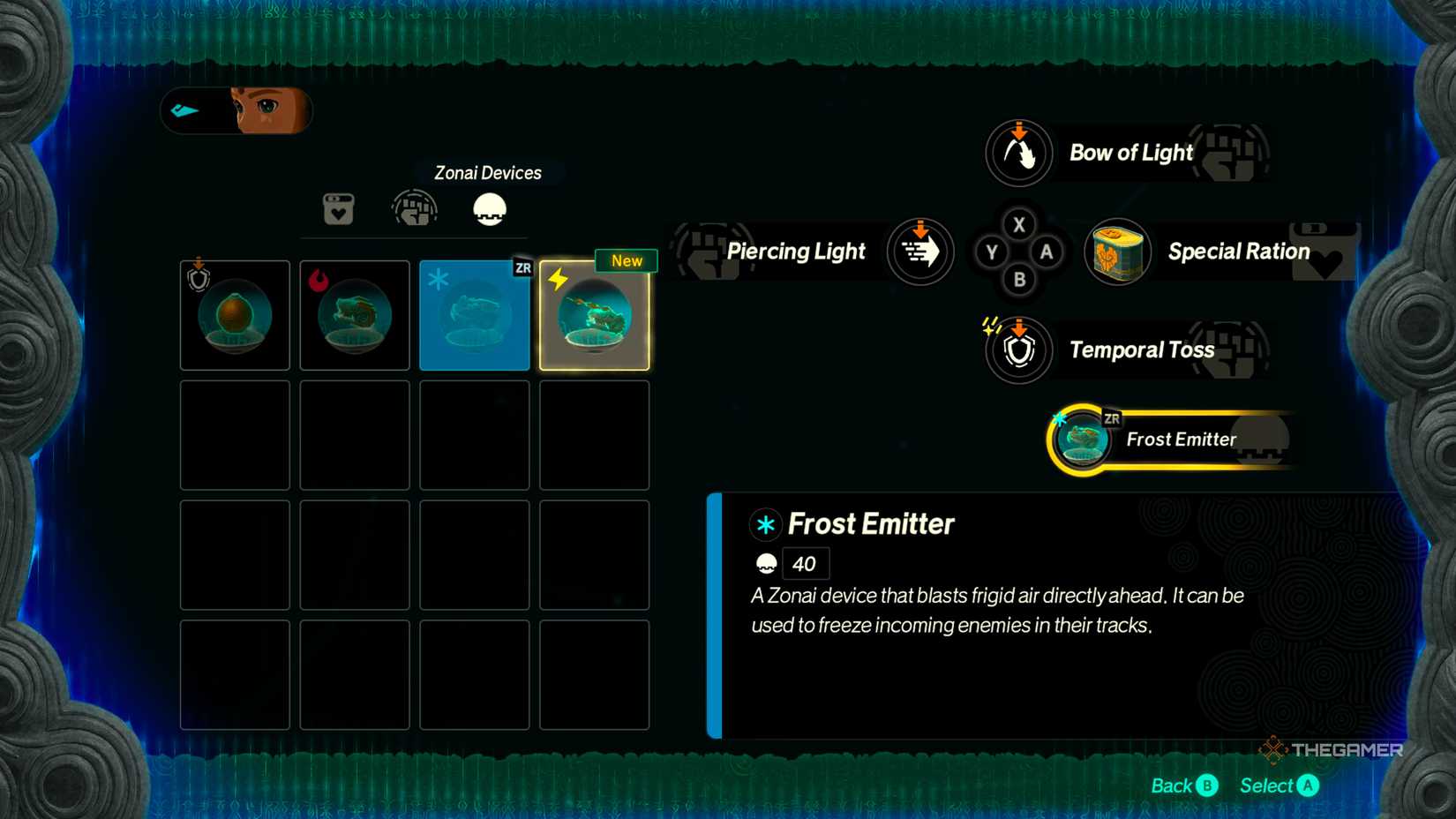 Zelda equipping a Shock Emitter in place of her Frost Emitter in Hyrule Warriors: Age of Imprisonment.