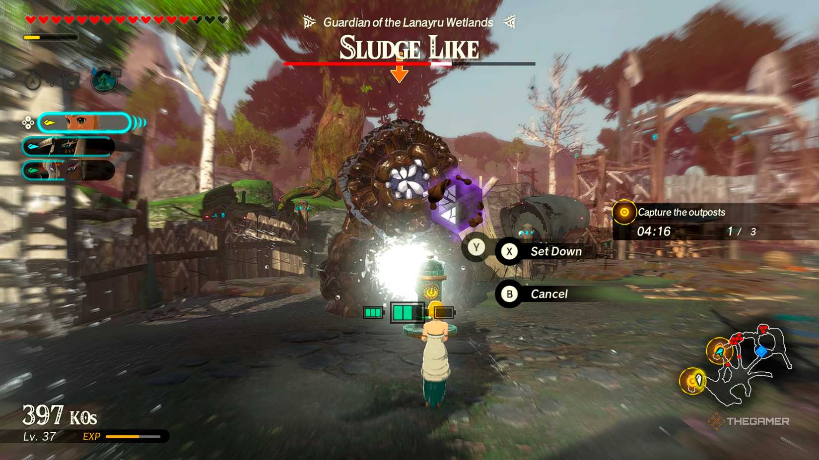 Zelda building up massive amounts of Weak-Point Damage on a Sludge Like via the Hydrant Zonai Device in Hyrule Warriors: Age of Imprisonment.