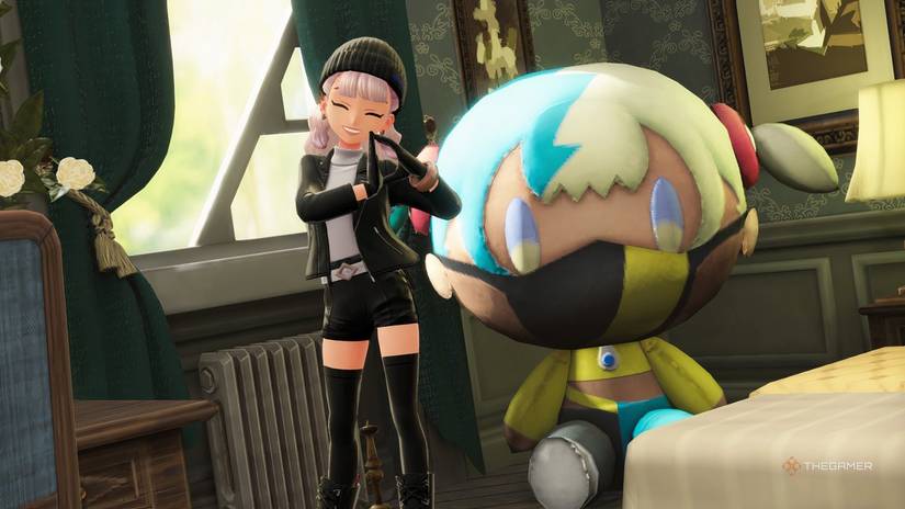 Trainer standing next to a Canari plush in a bedroom in Pokemon Legends: Z-A.