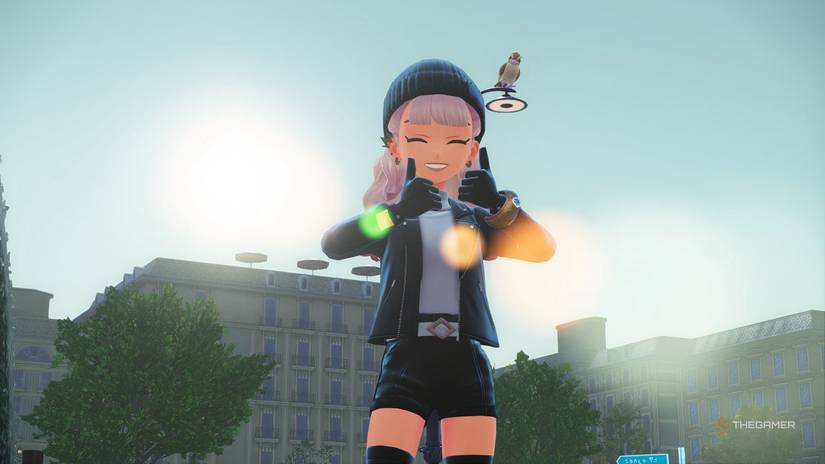 Trainer posed with thumbs up in front of a bright sun in Pokemon Legends: Z-A.
