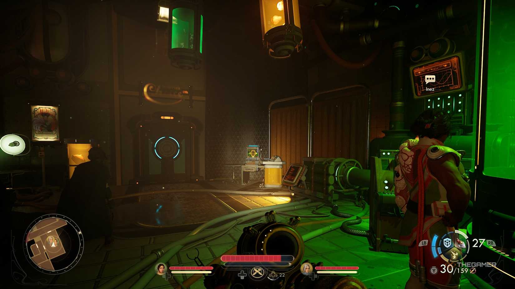 Inez looking at a tube, while you look at a terminal in The Outer Worlds 2.