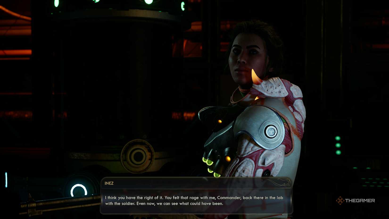 Inez looking at you, while holding her gun in The Outer Worlds 2.