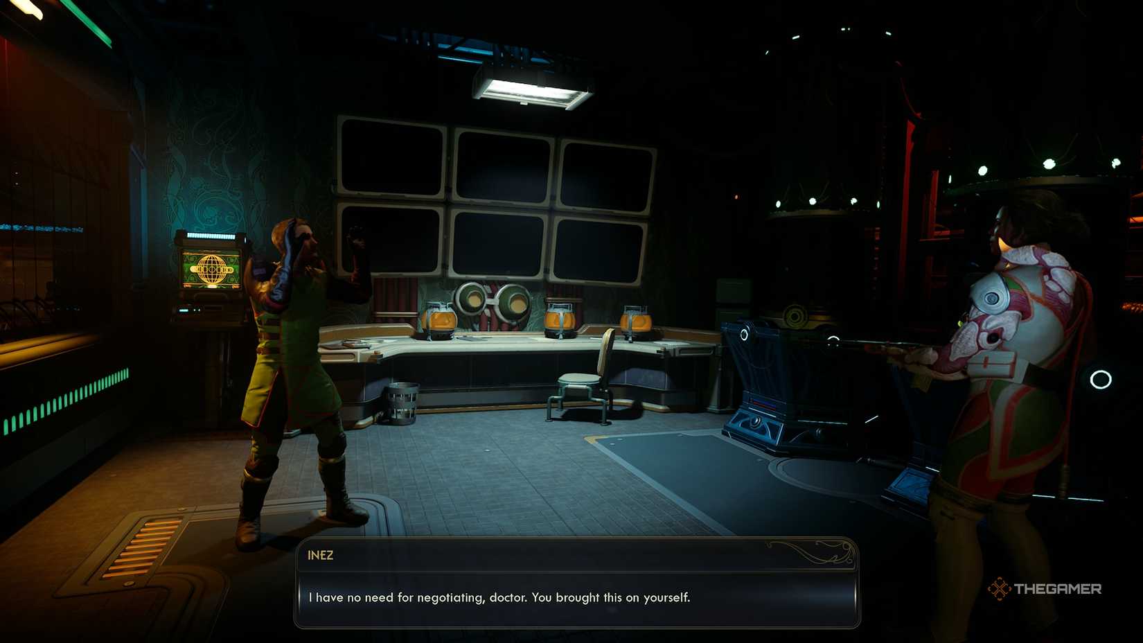 Inez pointing a gun at the Doctor in The Outer Worlds 2.