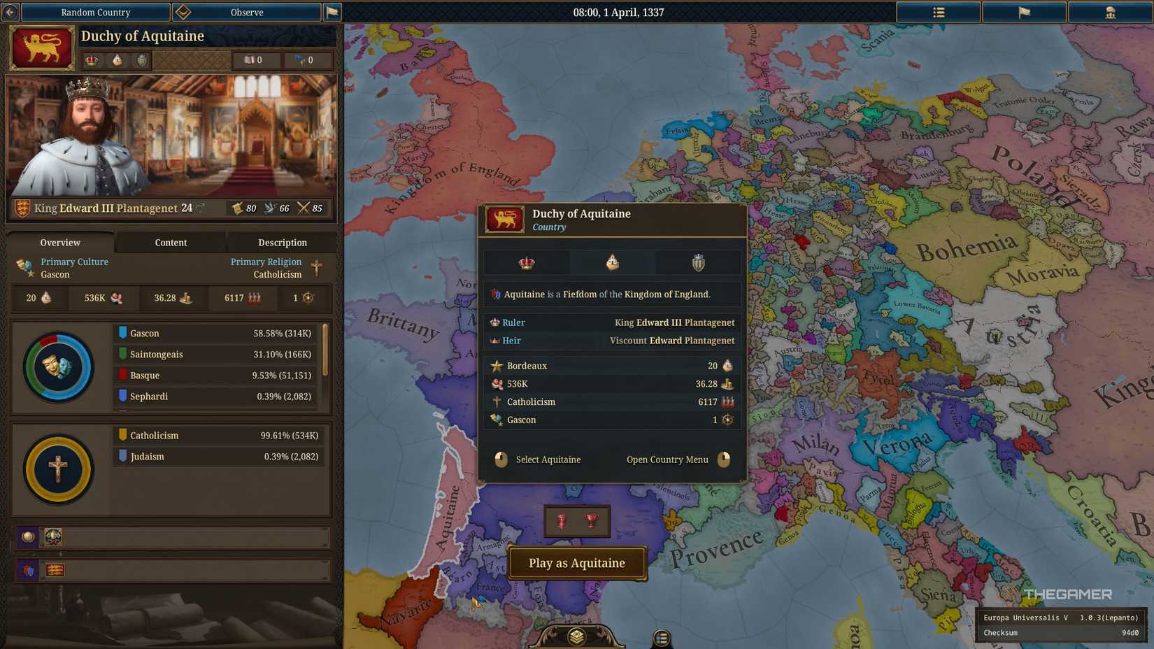 Information about the Duchy of Aquitaine from EU5 where the Hundred Years War begins in Europa Universalis 5.