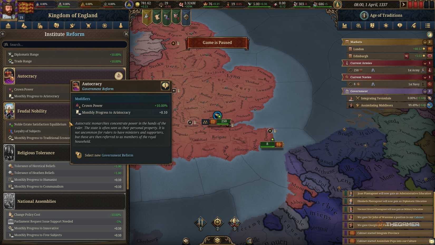 Instituting the Autocracy reform as England in EU5 to increase Crown Power in Europa Universalis 5.