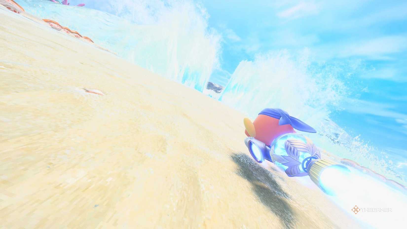 Bandana Waddle Dee riding into the sea in Kirby Air Riders.