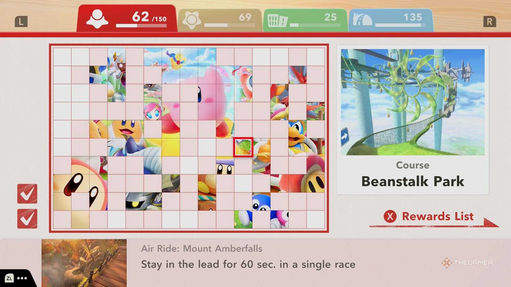 The unlock requirement for Beanstalk Park in Kirby Air Riders.