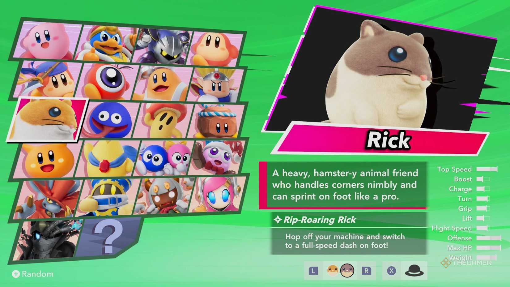 Rick's character stats in Kirby Air Riders.