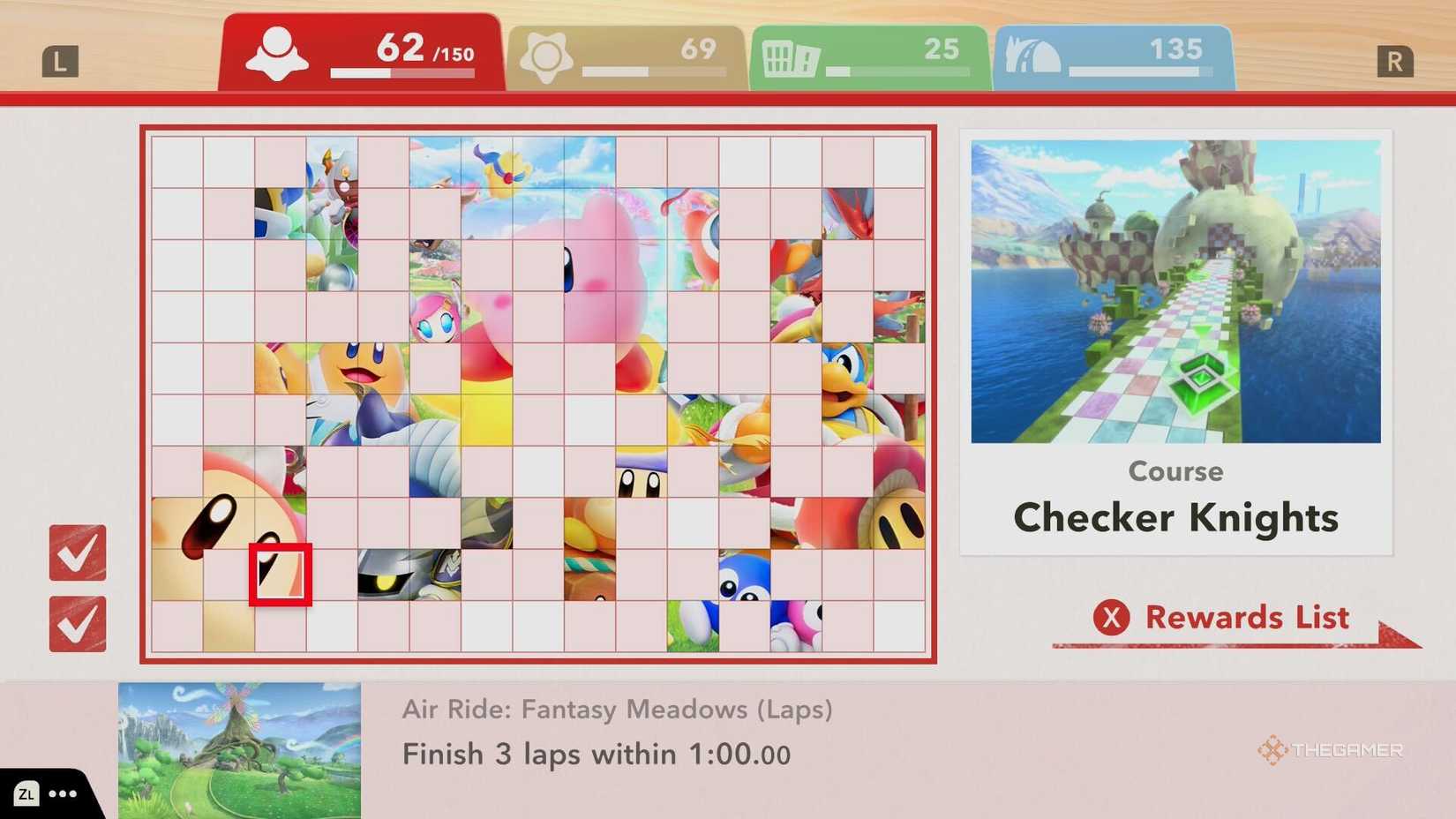 The unlock requirement for Checker Knights in Kirby Air Riders.