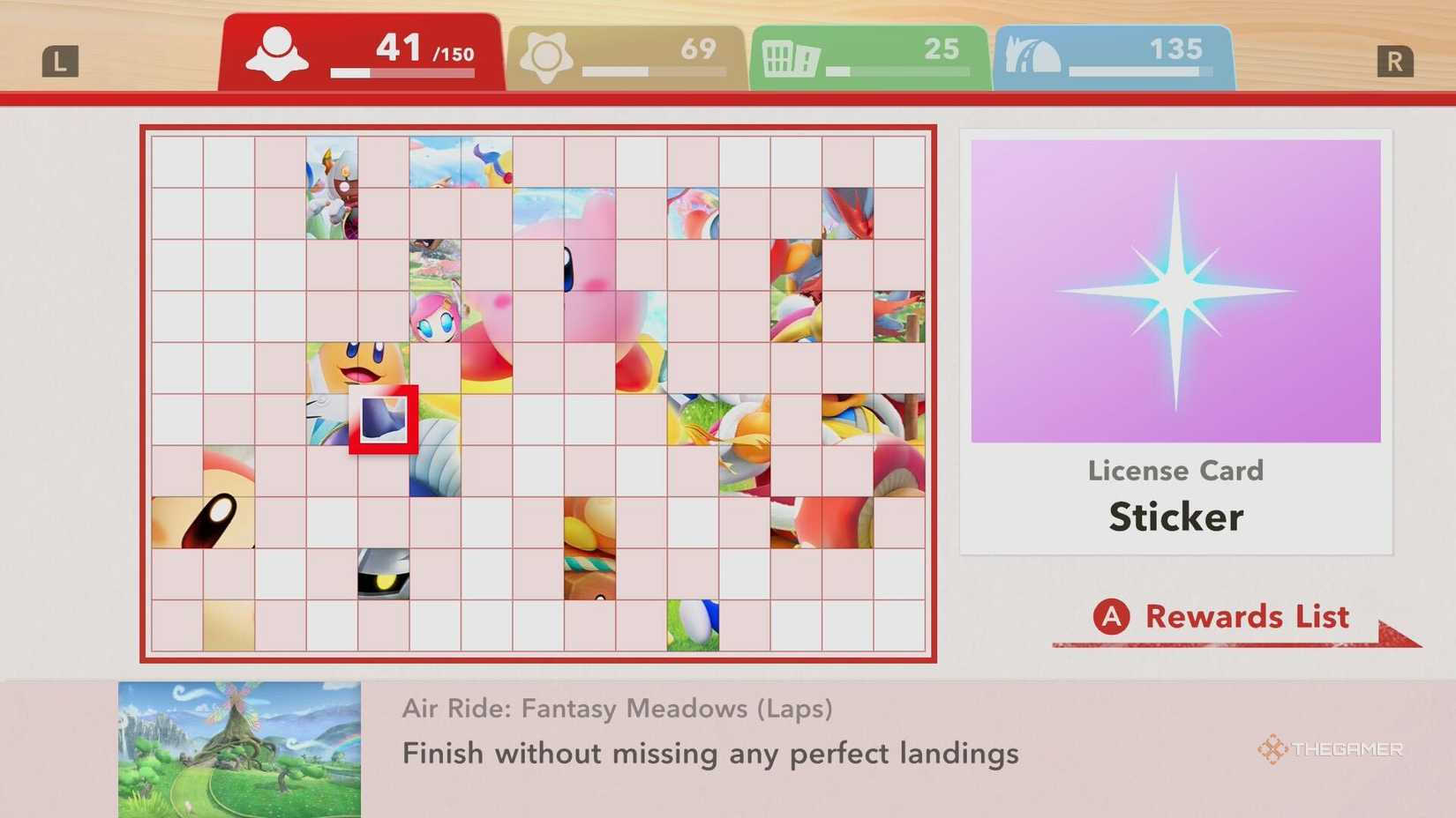 The Challenges checklist in Kirby Air Riders.