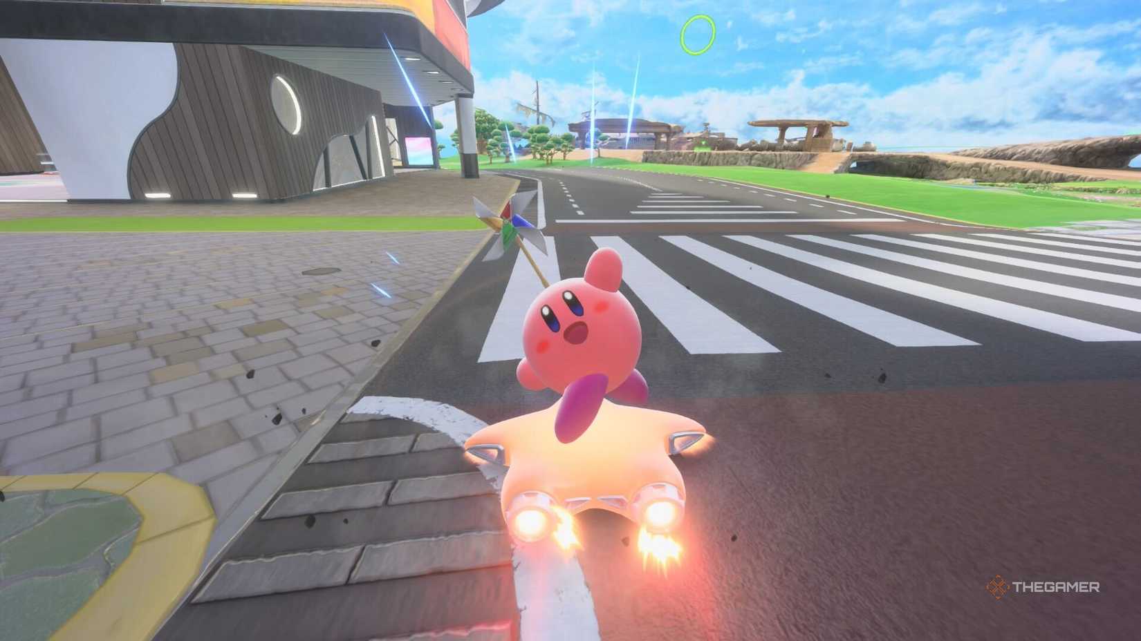 Kirby waving in Kirby Air Riders' City Trial mode.
