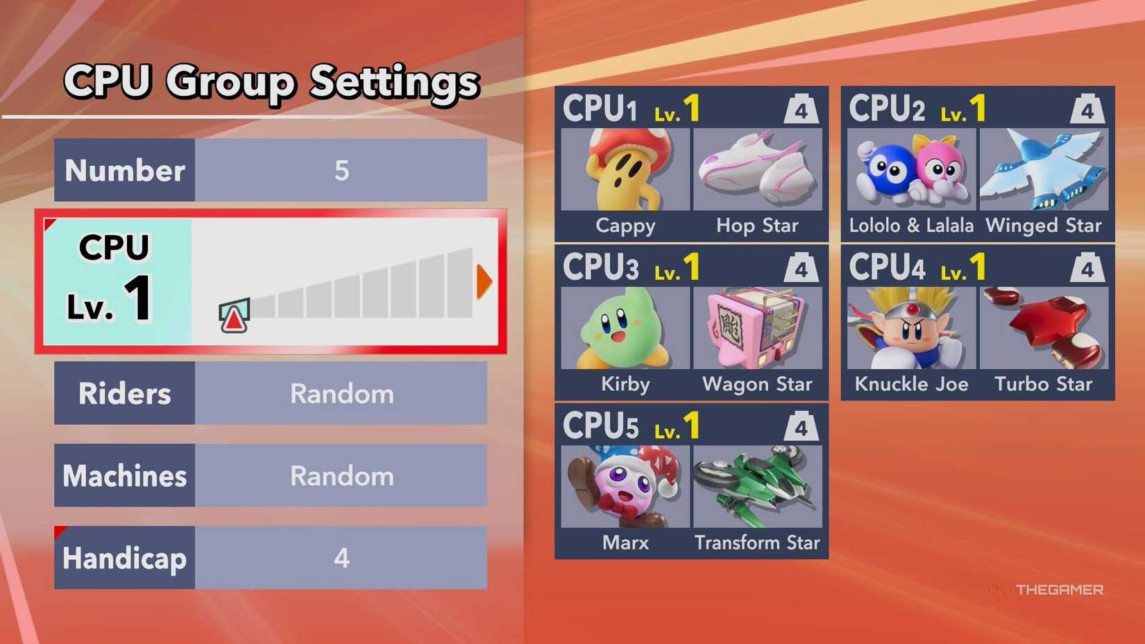 Changing the CPU settings in Kirby Air Riders.