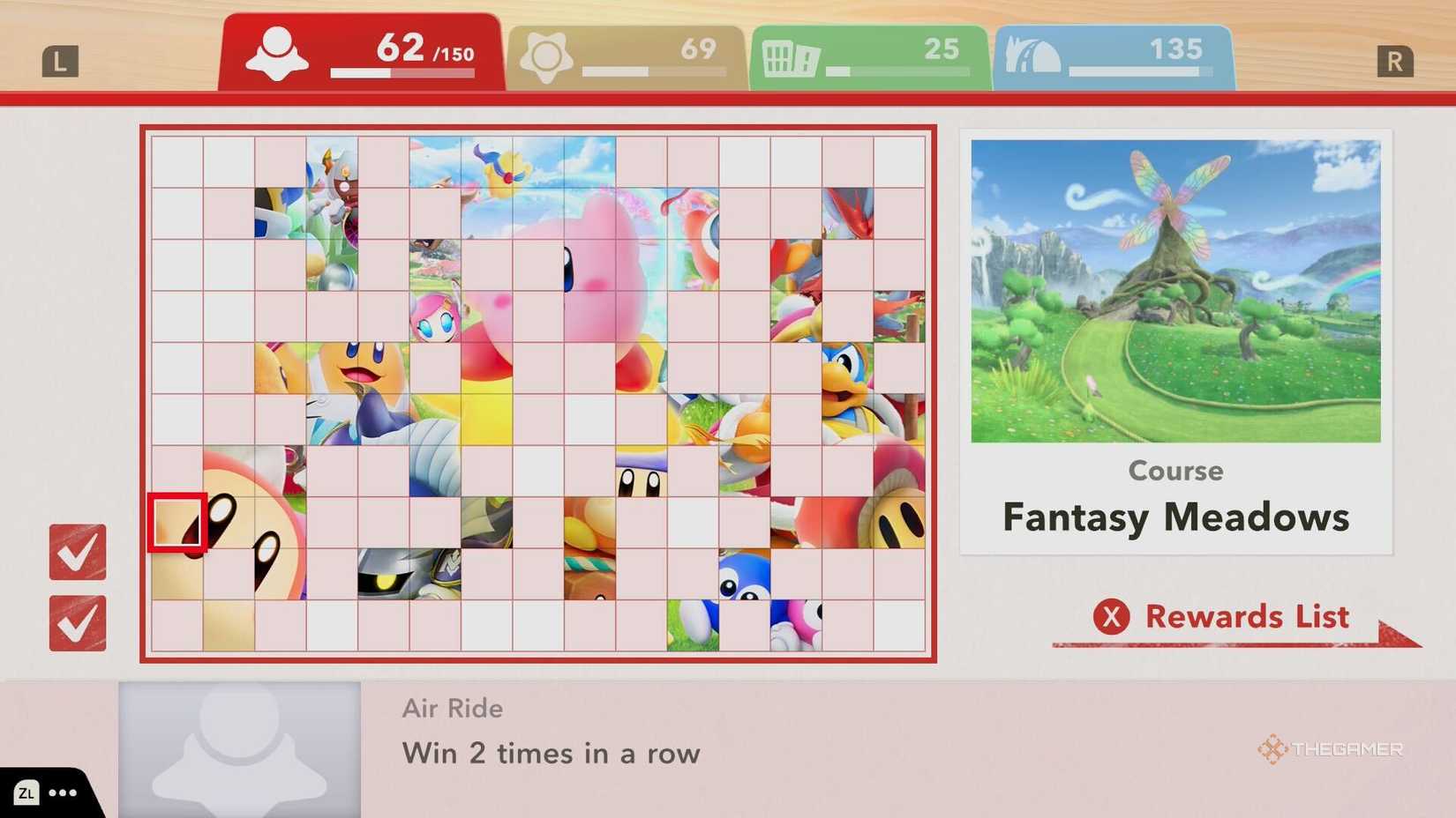 The unlock requirement for Fantasy Meadows in Kirby Air Riders.