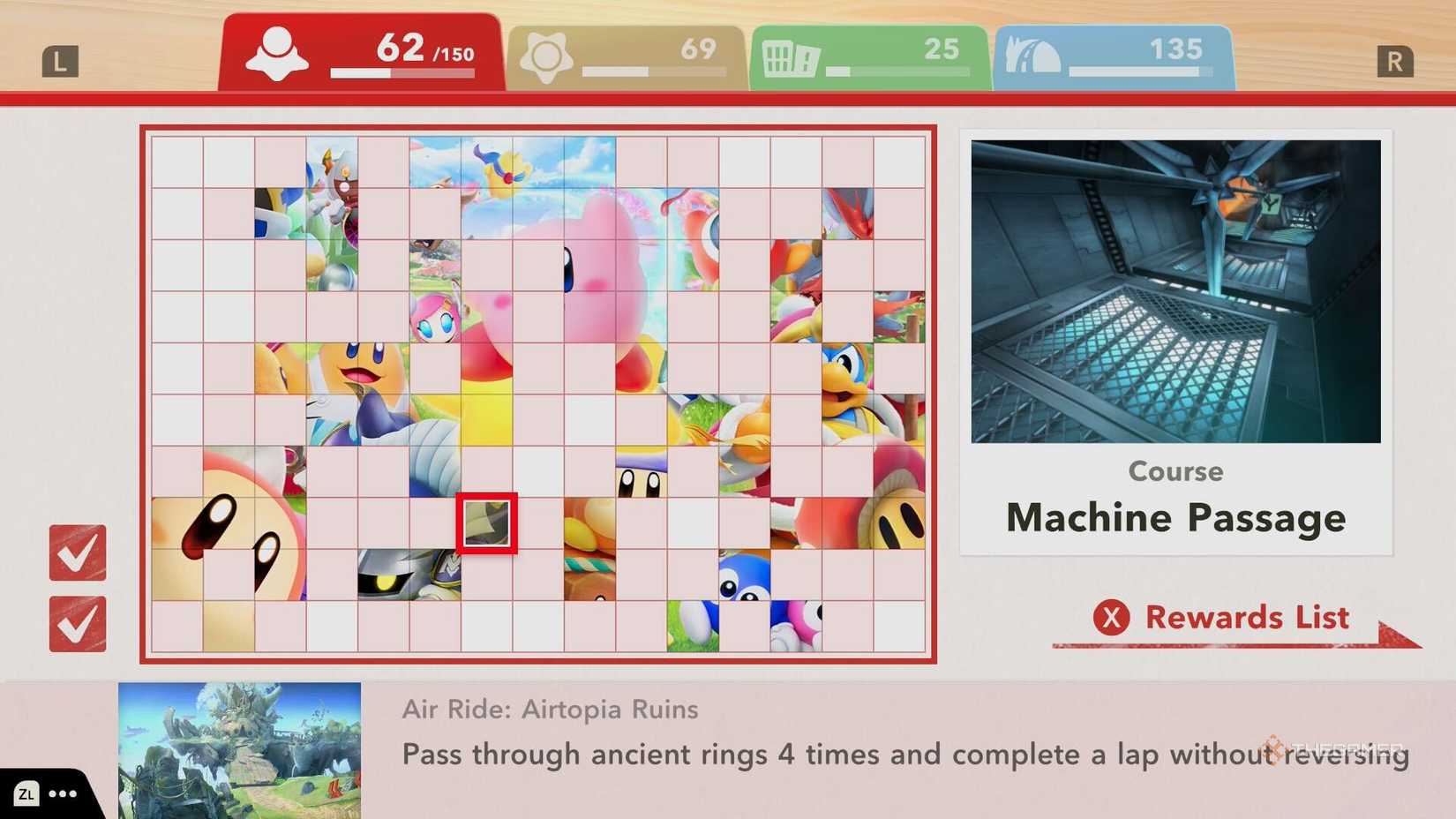 The unlock requirement for Machine Passage in Kirby Air Riders.