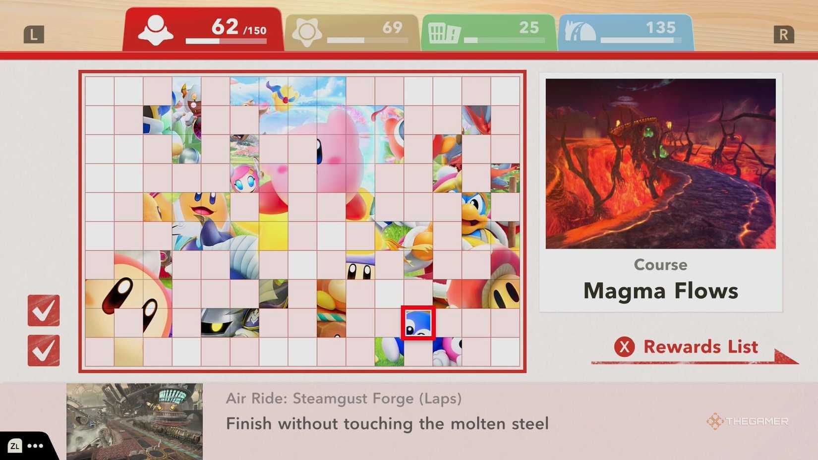 The unlock requirement for Magma Flows in Kirby Air Riders.