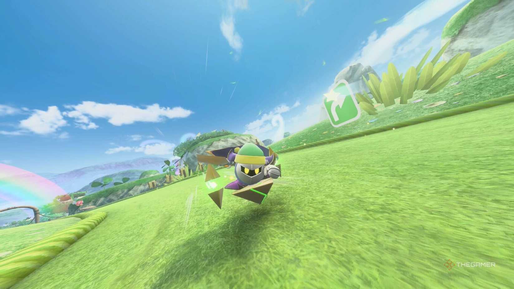 Meta Knight with the Sword copy ability in Kirby Air Riders.