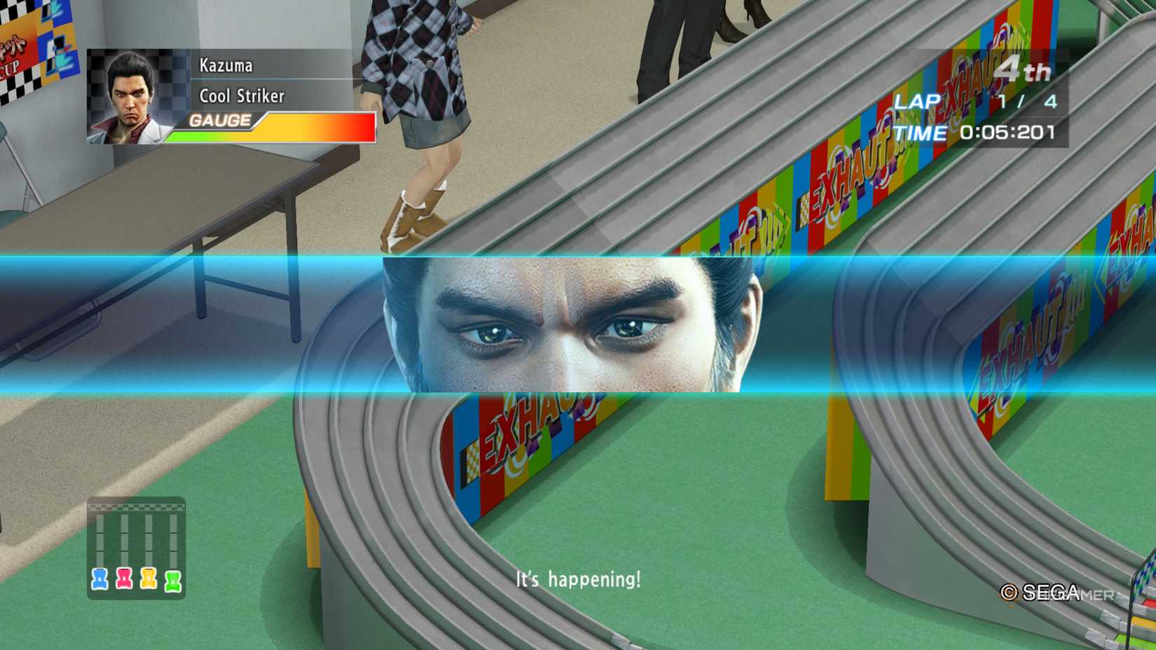 Kiryu's eyes overlaid on the Pocket Circuit Racing track in Yakuza Kiwami.
