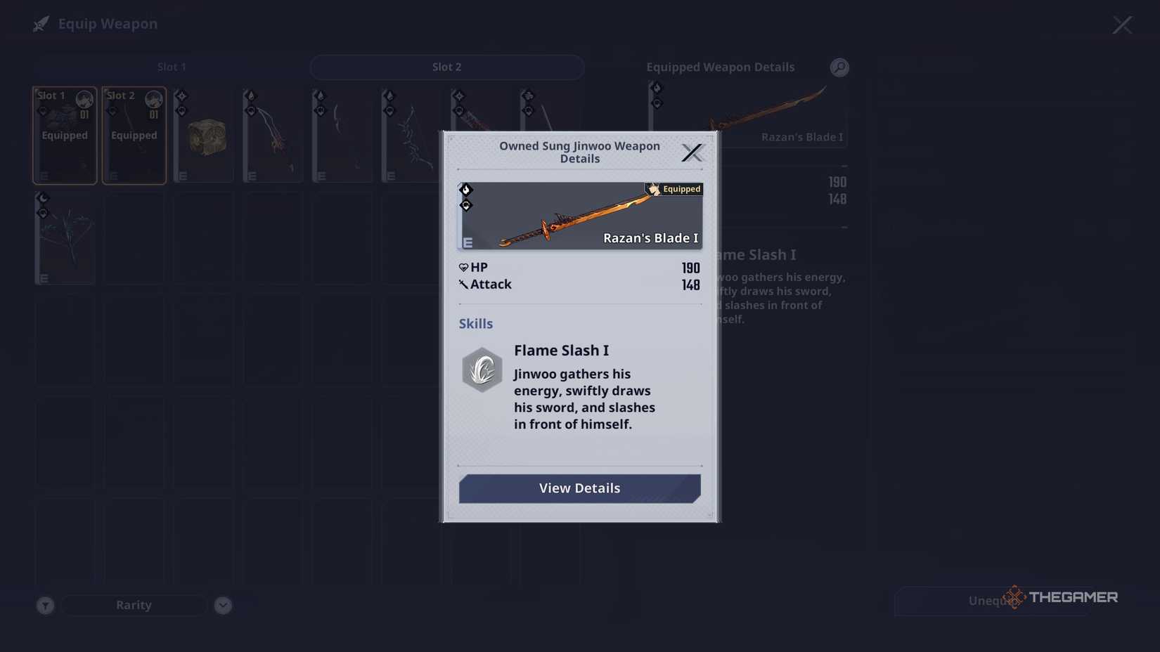 Looking at a sword to upgrade in Solo Leveling Arise Overdrive.