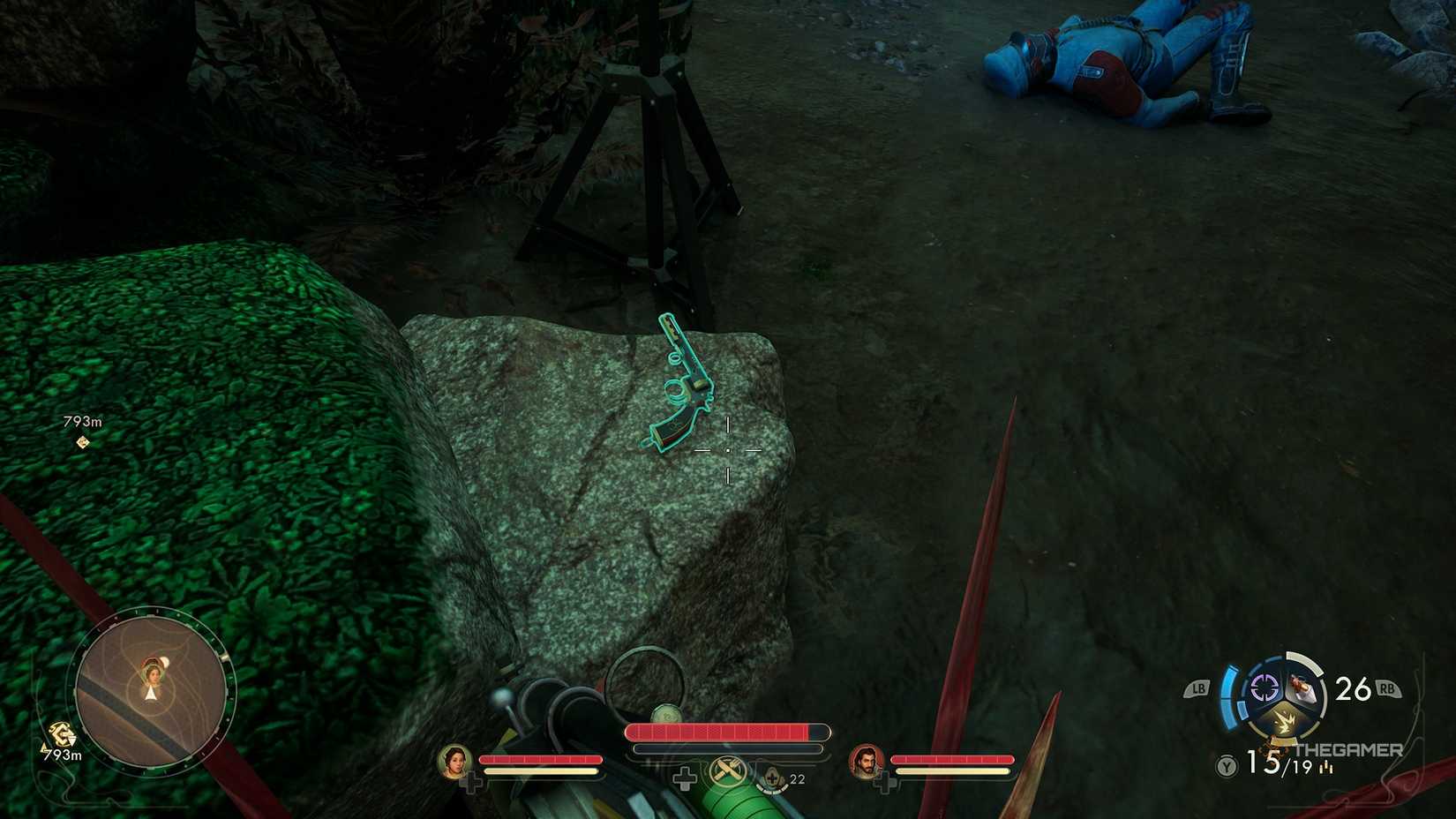 Looking down at a revolver in The Outer Worlds 2.