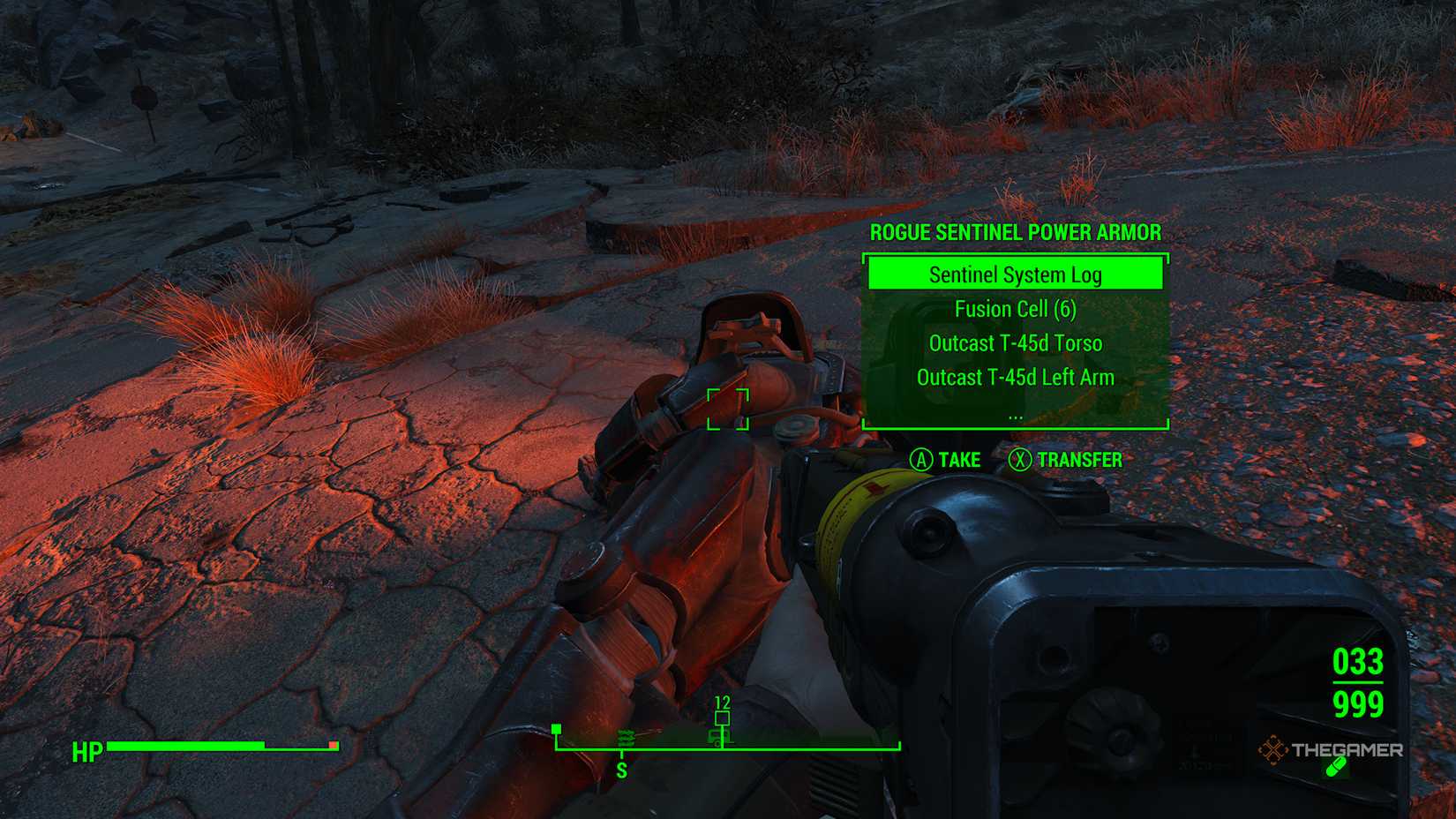 Looting Sentinel System Log from a Power Armor in Fallout 4.