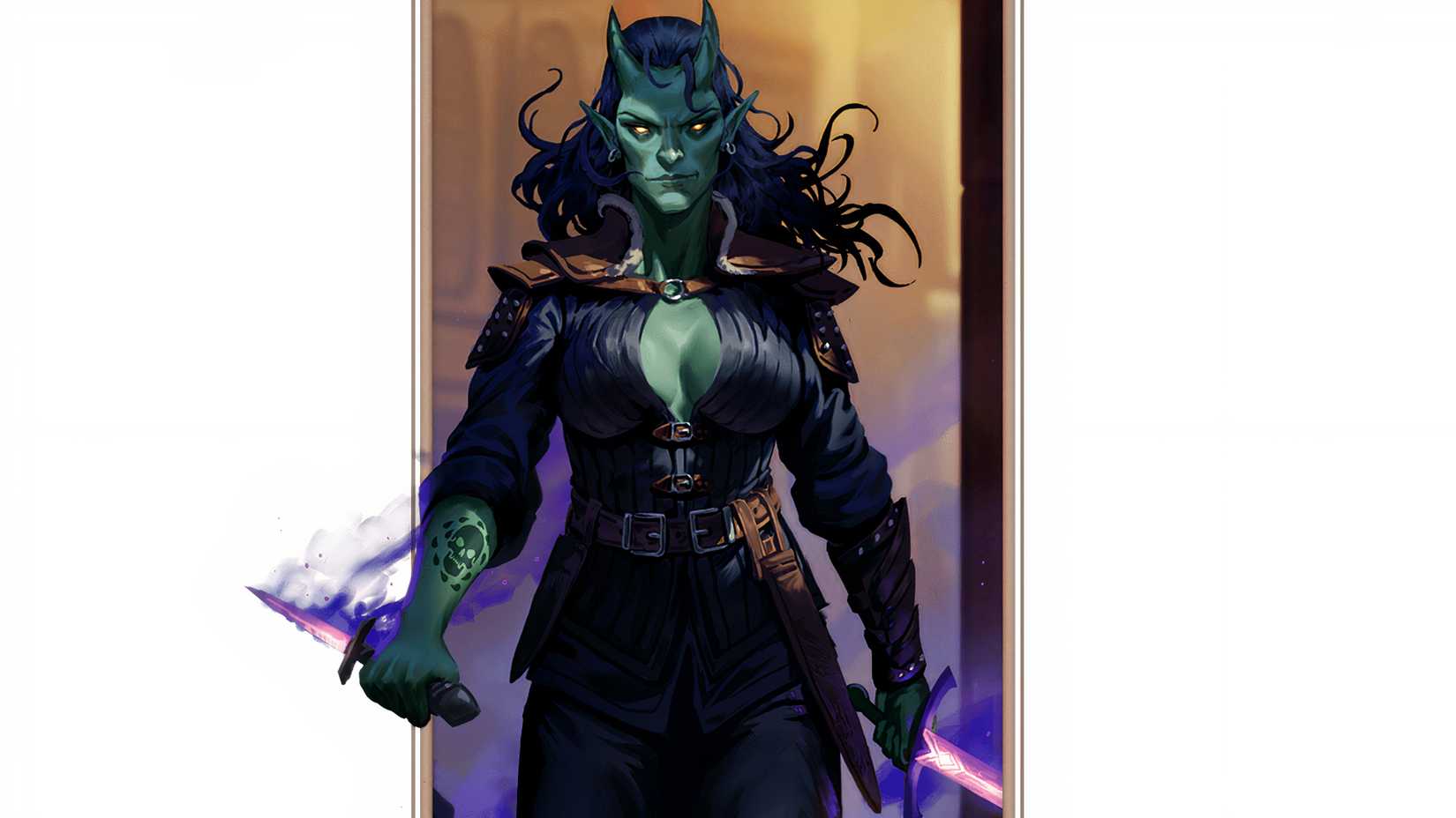 A rogue tiefling holds two purple glowing daggers in DND.