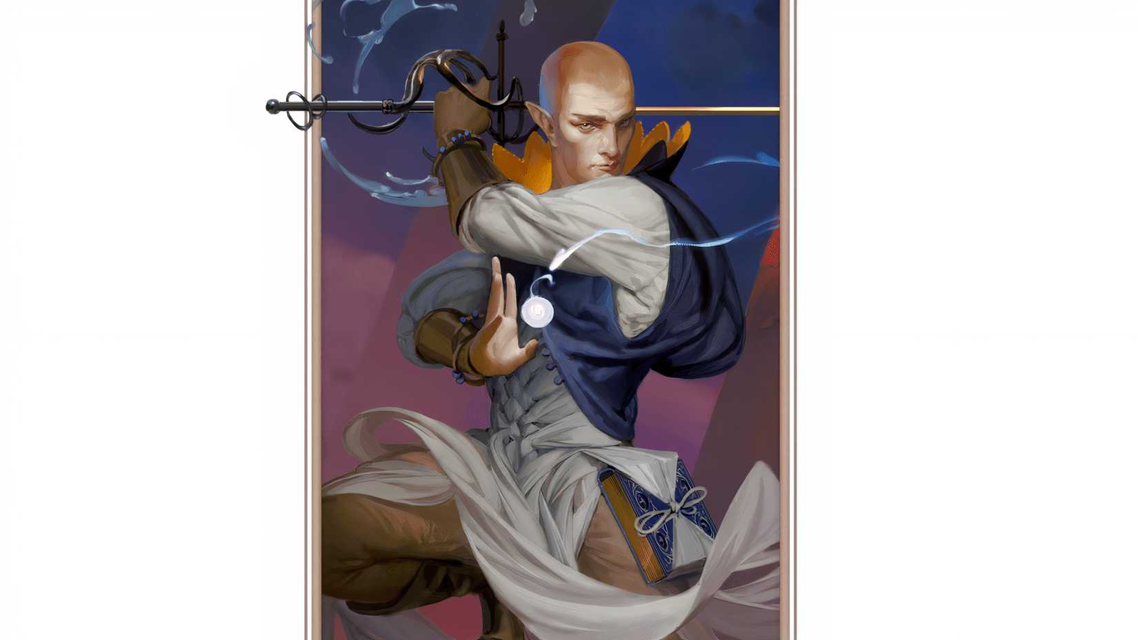 An Elven Bladesinger Wizard holds a weapon in one hand and spell in the other from DND.