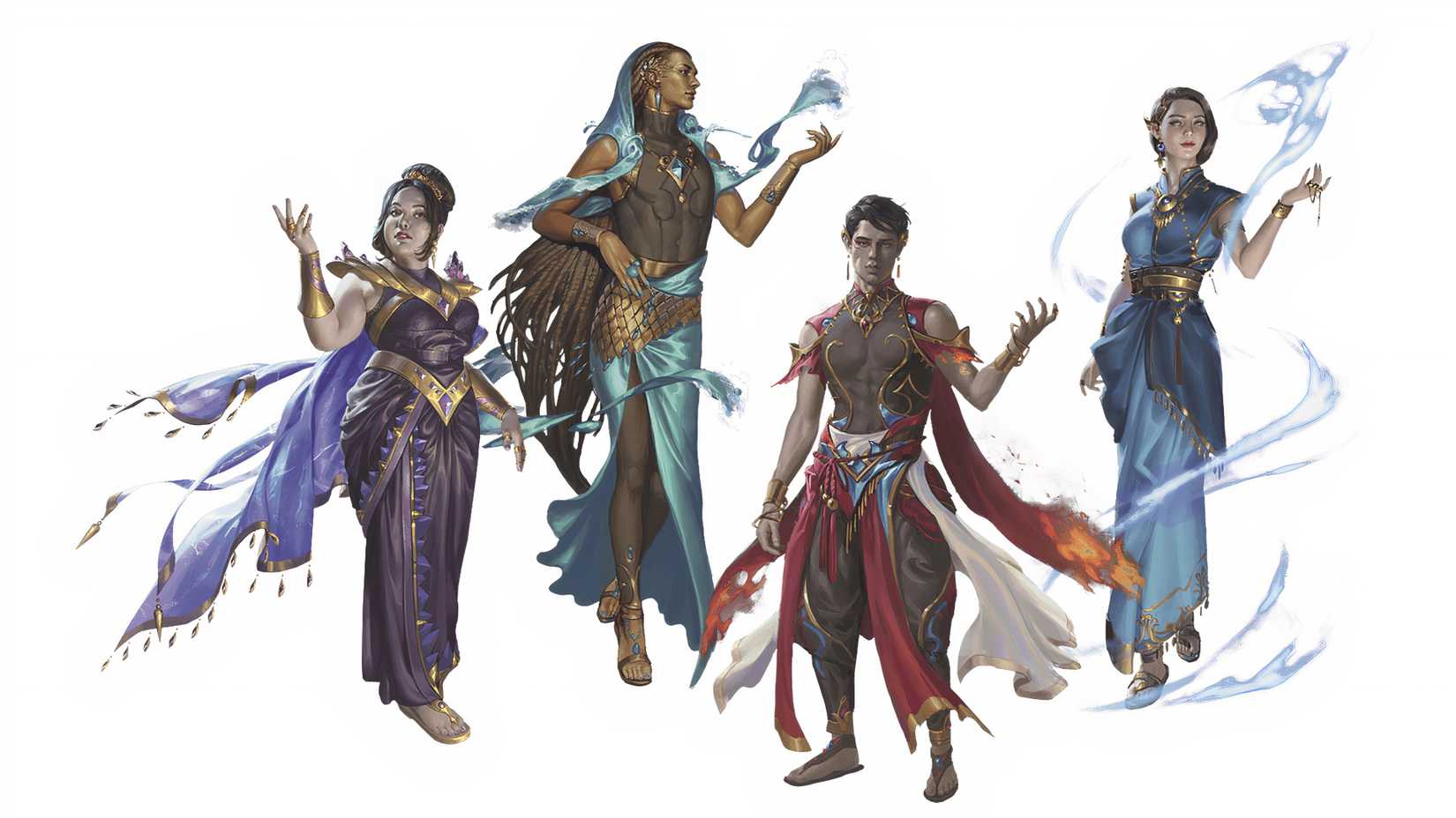 Four people wearing the Genie Robes magical item in DND.