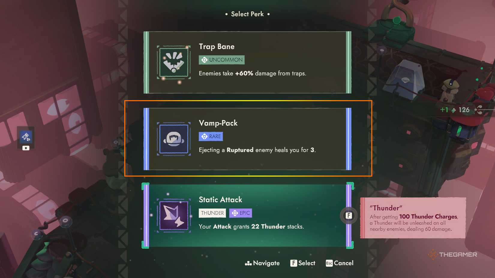 The perk select screen in Moonlighter 2, highlighting the perk Vamp-Pack.