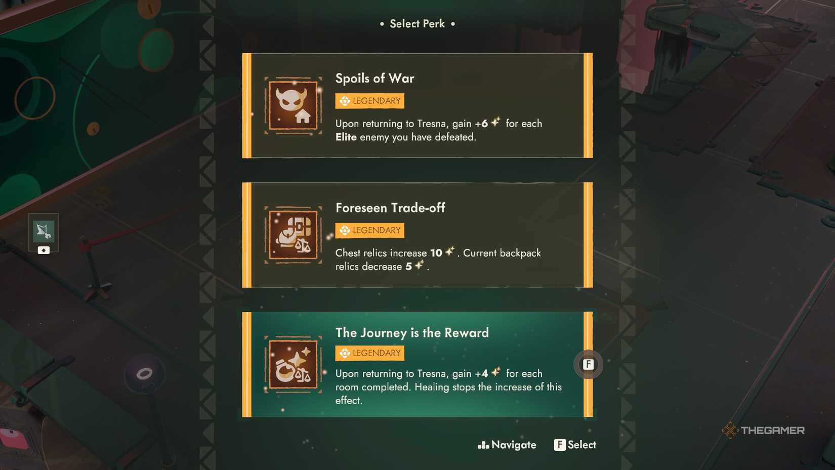 The perk select screen in Moonlighter 2, highlighting the perk The Journey is the Reward.