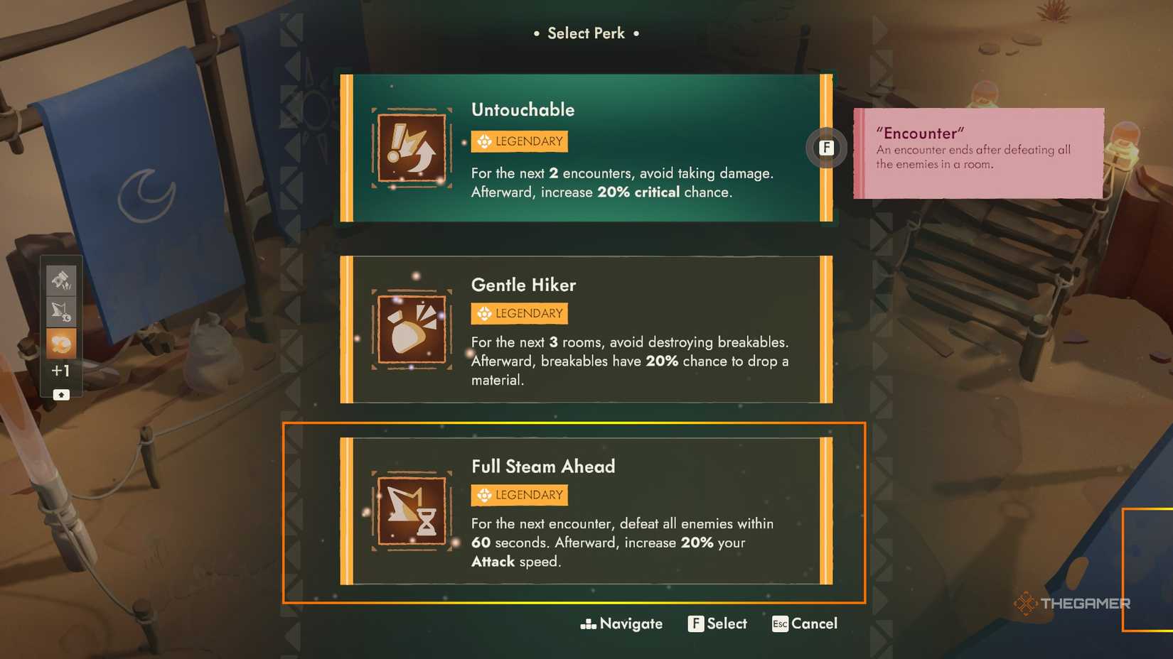 The perk select screen in Moonlighter 2, highlighting the perk Full Steam Ahead.