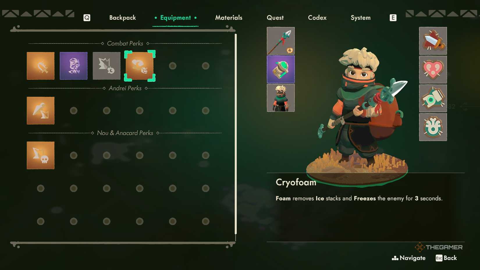 The Equipment tab in Moonlighter 2, highlighting the perk Cryofoam.